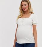Asos Design Maternity Nursing Square Neck Ruched Front Top With Puff Sleeve In Cream - Cream