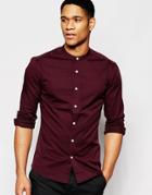 Asos Skinny Shirt In Burgundy Twill With Grandad Collar And Long Sleeves - Burgundy