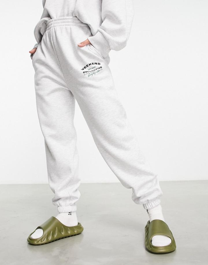 Asos Weekend Collective Oversized Sweatpants With Athleisure Logo In Ice Heather-gray
