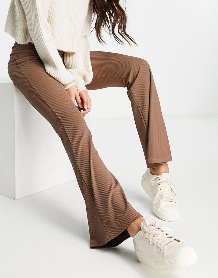 Miss Selfridge Skinny Ribbed Kickflare Pant In Brown-multi