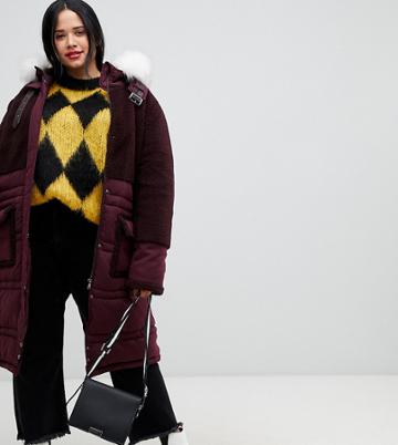 Urbancode Curve Parka Coat With Tonal Borg Trim And Faux Fur Hood - Red