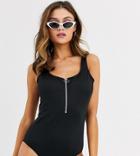 Monki Zip Up Sporty Swimsuit In Black