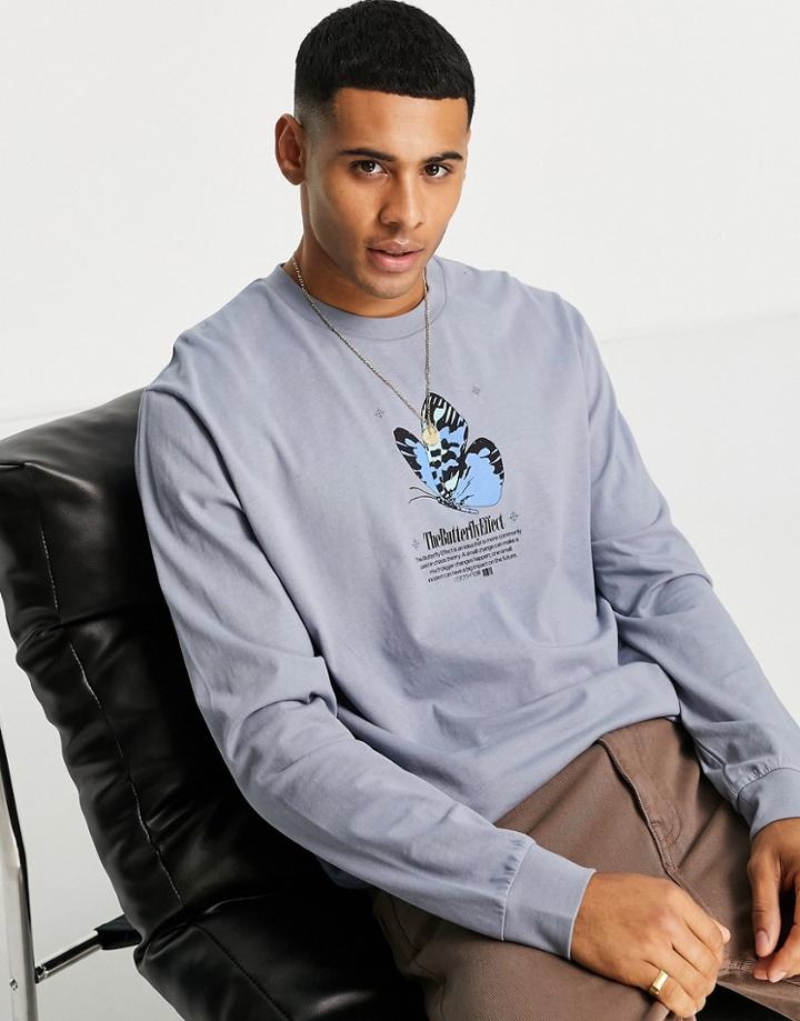 Asos Design Relaxed Long Sleeve T-shirt In Blue Gray With Butterfly Chest Print