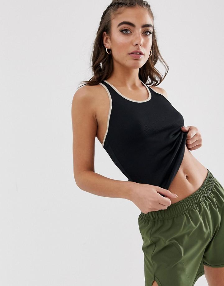 Asos 4505 Cropped Tank In Rib With Back Detail In Contrast Binding - Black