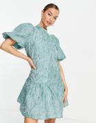 Vila Mini Smock Dress With Puff Ball Sleeves In Blue Oil Print