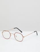 Asos Design Angled Round Glasses In Gold With Red Edge Detail & Clear Lens - Gold