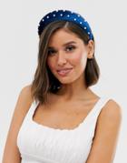 Asos Design Padded Headband With Pearl Embellishment In Blue - Blue