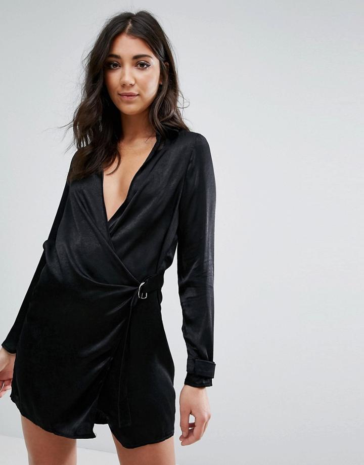 Missguided Black Hammered Satin Wrap Over D-ring Dress - Black