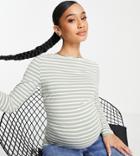 Asos Design Maternity Long Sleeve Striped T-shirt In Sage-green