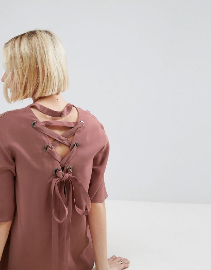 Asos Lattice Back Tshirt Dress With Eyelet Detail - Pink