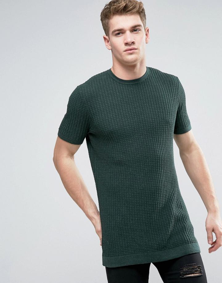 Asos Waffle Texture Longline T-shirt In Green - Blue