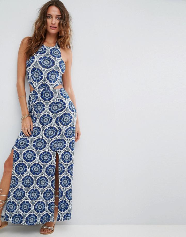 Asos Halter Neck Maxi Dress With Shirred Back Panel In Tile Print - Multi