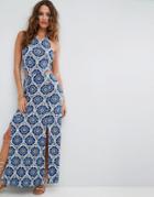Asos Halter Neck Maxi Dress With Shirred Back Panel In Tile Print - Multi