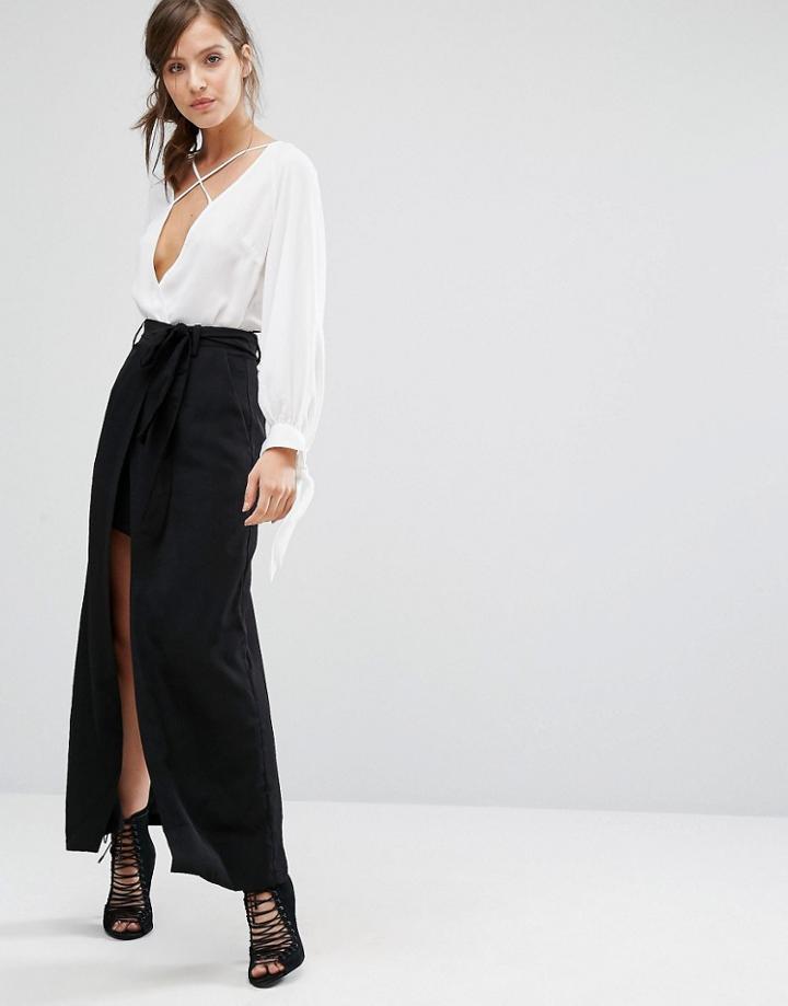 Parallel Lines High Waist Skirt With Tie Waist Detail And Maxi Layer -