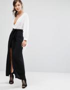 Parallel Lines High Waist Skirt With Tie Waist Detail And Maxi Layer -