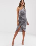 Lavish Alice Sequin One Shoulder Cut Out Midi Dress In Gray - Gray