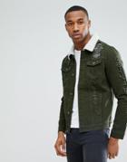Liquor N Poker Green Wash Distressed Abrasions Borg Denim Jacket - Green