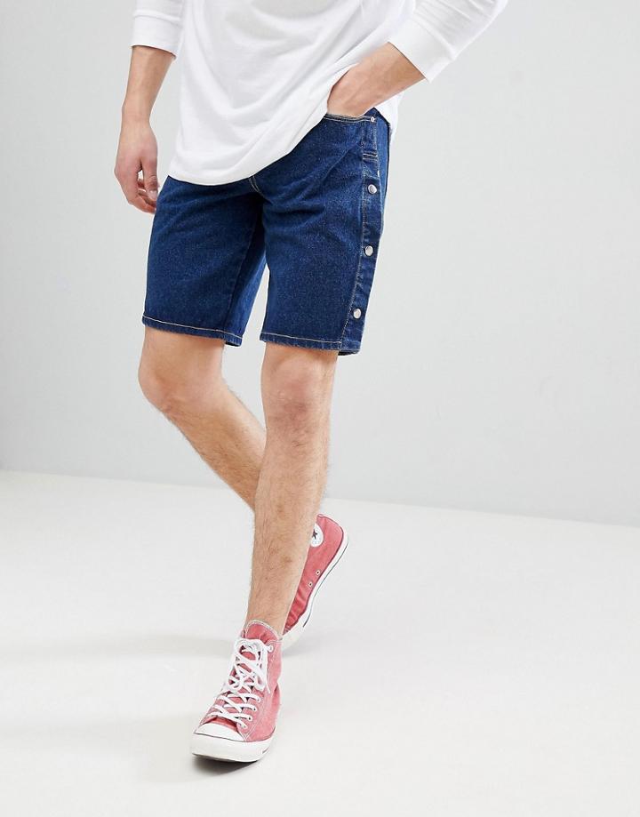 Asos Design Denim Shorts In Slim Dark Wash With Poppers - Blue