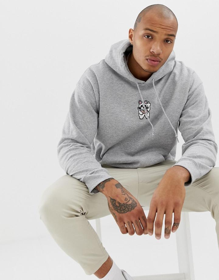 New Love Club Embroidered Cat Hoodie-gray