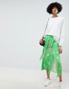Asos Design Slinky Floral Print Midi Tea Skirt With Frill-multi