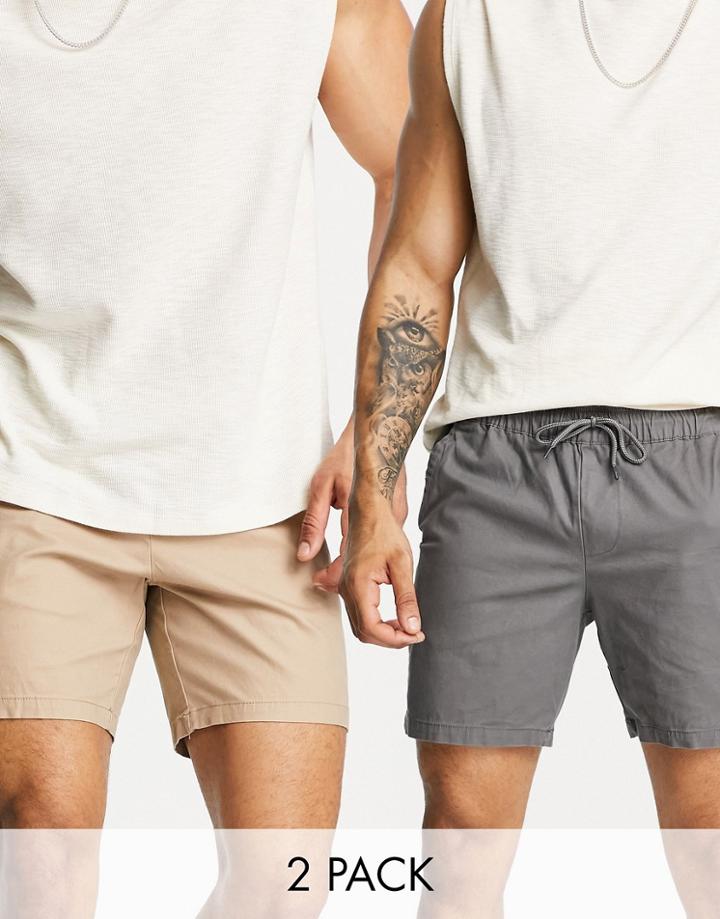Asos Design 2 Pack Skinny Chino Shorts In Beige And Charcoal Save-multi
