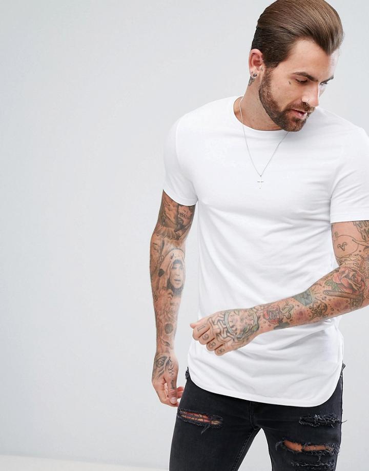 Asos Longline Muscle Fit T-shirt With Curved Bound Hem - White