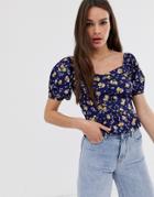 Influence Milkmaid Top With Puff Sleeves In Dobby Ditsy Print-navy