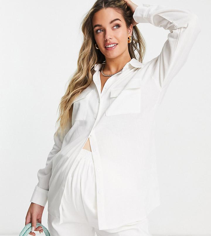 Missguided Maternity Linen Look Oversized Shirt In White - Part Of A Set