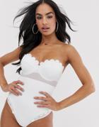 Asos Design Recycled Scallop Detail Mesh Insert Underwired Cupped Swimsuit In White - White