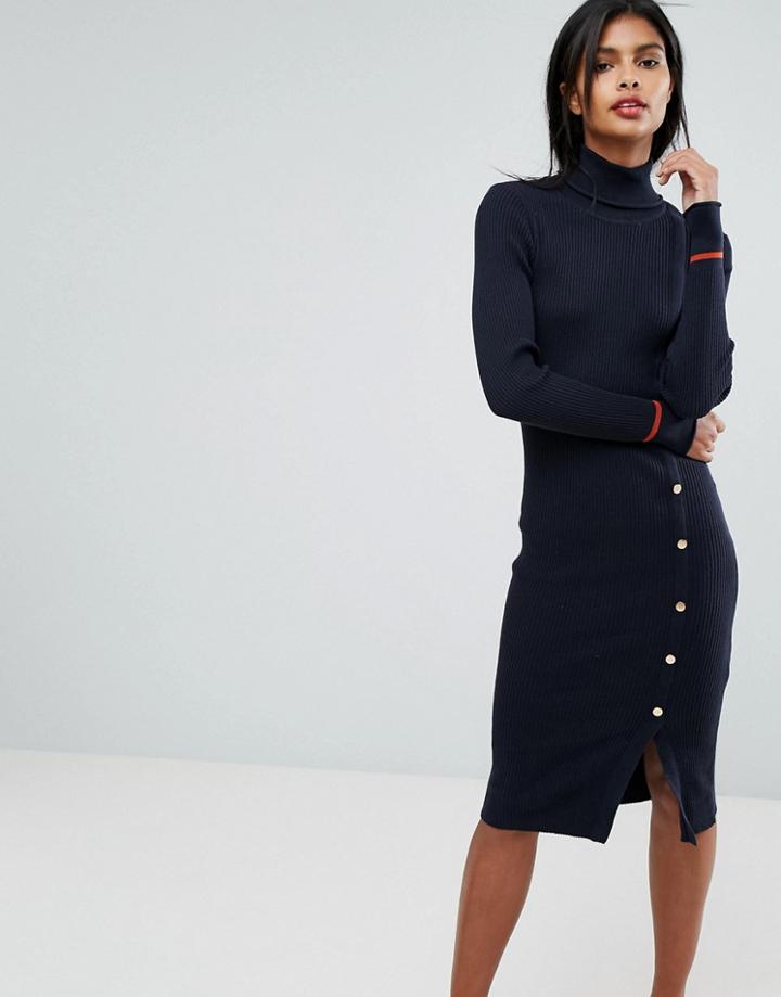 Vila Long Knittted Bodycon Dress With Gold Button Detail - Navy