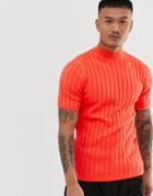 Asos Design Knitted Ribbed Turtle T-shirt In Neon Orange - Orange