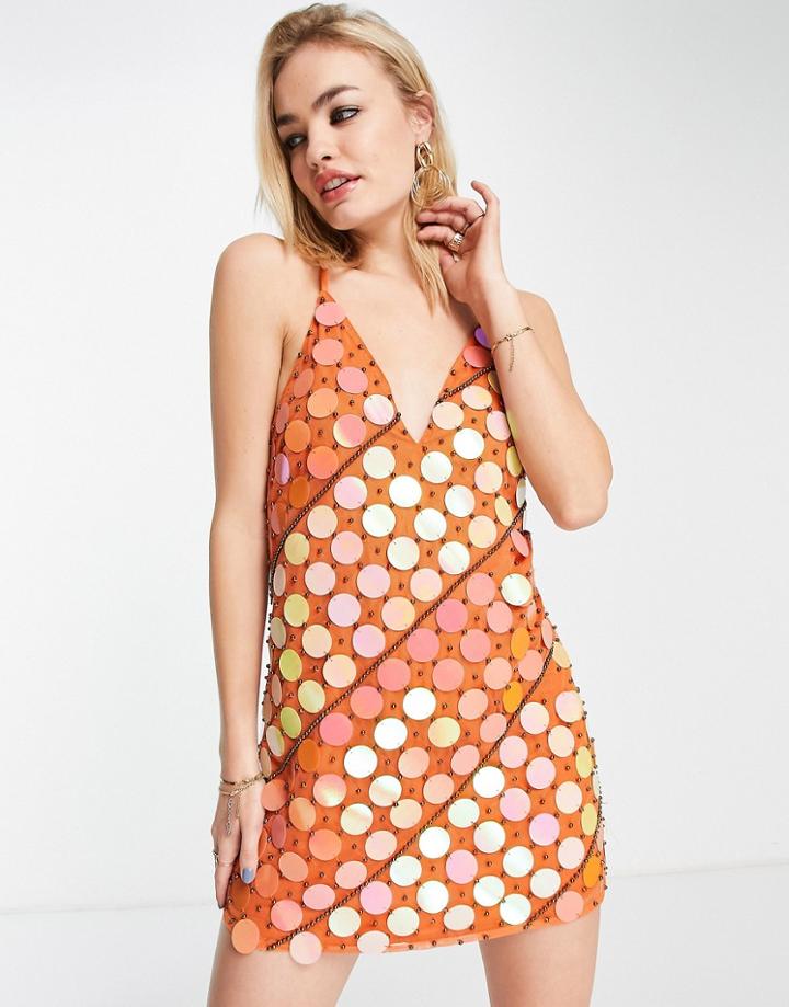 Asos Design Embellished Cami Mini Dress With Disc Sequin Detail In Orange