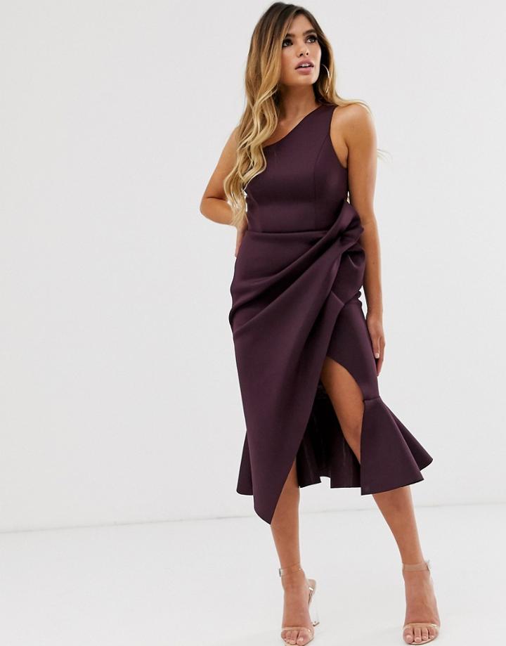 Asos Design One Shoulder Tuck Detail Midi Dress-purple