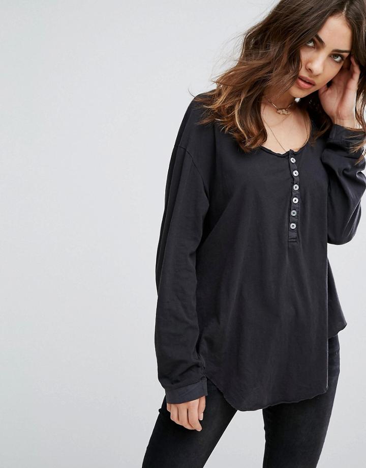 One Teaspoon Button Detail Soft Touch T-shirt - Black