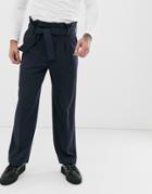 Asos Design Wide Leg Smart Pants With Multi Pleat Detail In Navy - Navy