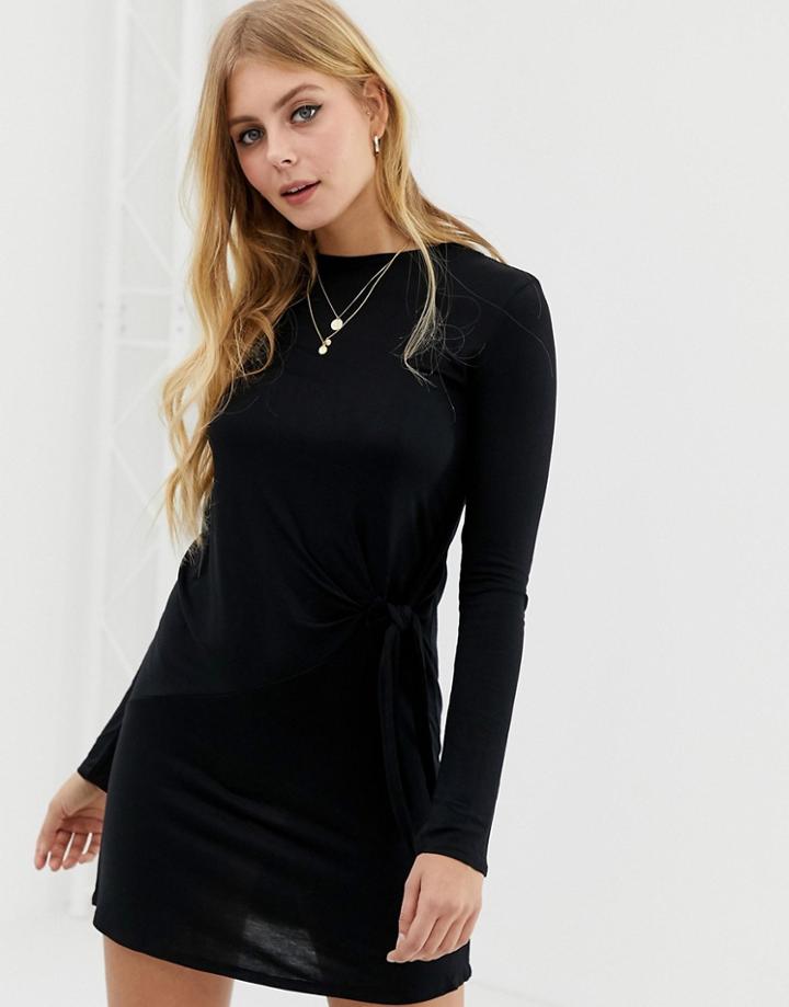 Brave Soul Knot Detail Long Sleeve Mini Dress In Black - Black