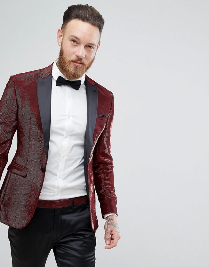 Asos Super Skinny Tuxedo Jacket In Red Glitter - Red