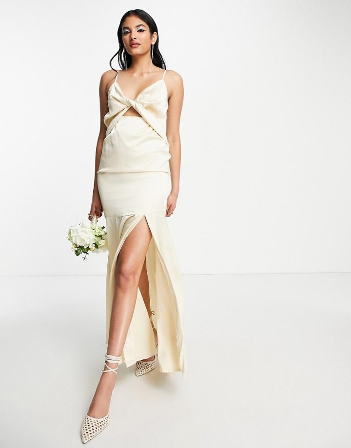 Liquorish Bridesmaid Satin Twist Front Maxi Dress With Split In White
