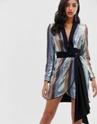 Asos Design Tux Mini Dress In Stripe Sequin Embellishment - Multi