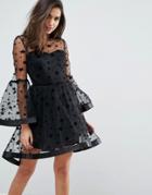 Asos Star Mesh Fluted Sleeve Mini Skater Dress - Black