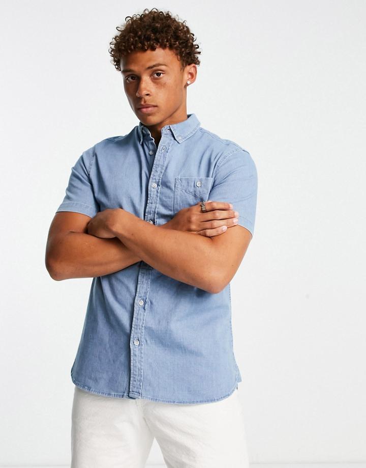 Topman Short Sleeve Denim Shirt In Bleach-blue