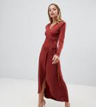 John Zack Petite Tie Waist Wrap Front Maxi Dress In Rust - Brown