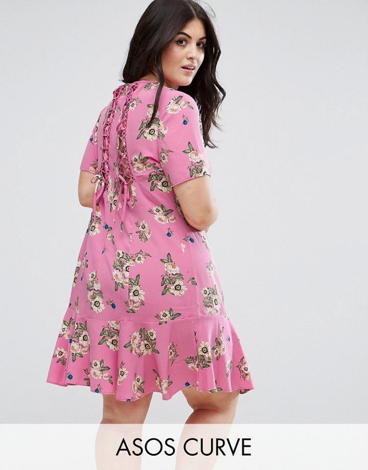 Asos Curve Lace Up Back Tea Dress In Pretty Floral - Multi