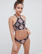 Bershka Halter Bikini Top In Tile Print - Purple