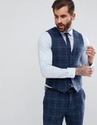 Asos Slim Suit Vest In 100% Wool Harris Tweed Herringbone In Blue Check - Blue