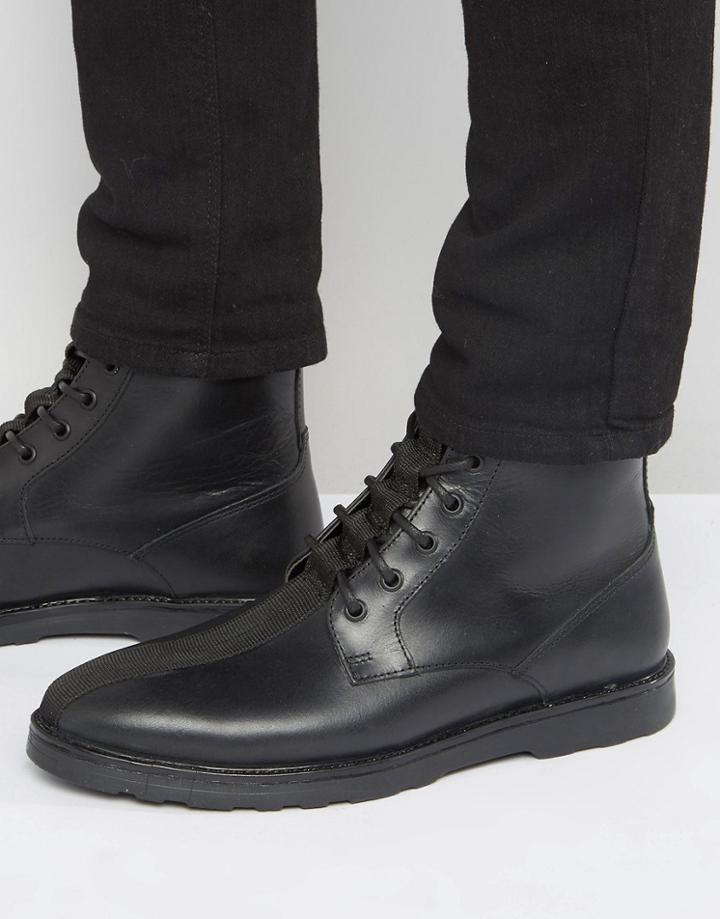 Asos Lace Up Boots In Black Leather With Military Tape Detail - Green