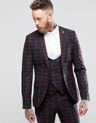 Noose & Monkey Super Skinny Suit Jacket In Plaid With Stretch - Burgundy