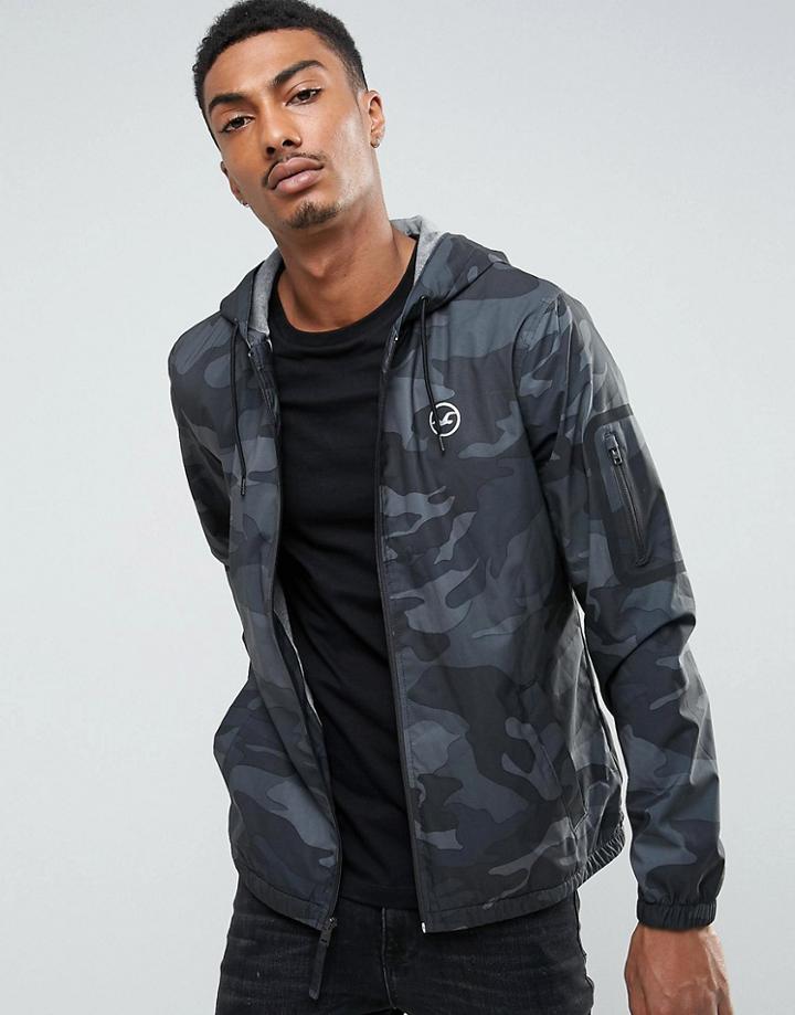 Hollister Windbreaker Jacket Jersey Lined In Black Camo - Black