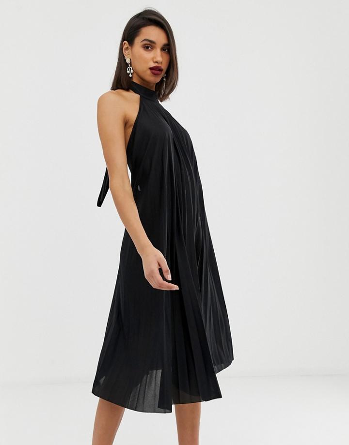 Asos Design Backless Halter Pleated Midi Dress-black