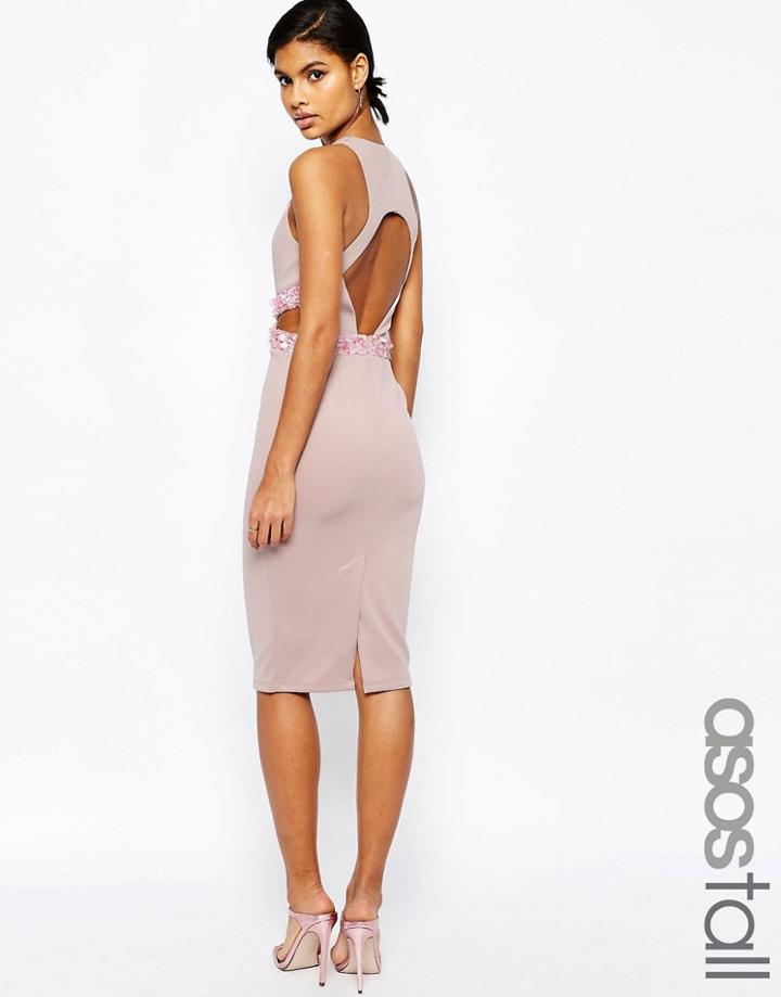 Asos Tall Embellished Waist Midi Bodycon Dress With Open Back - Nude